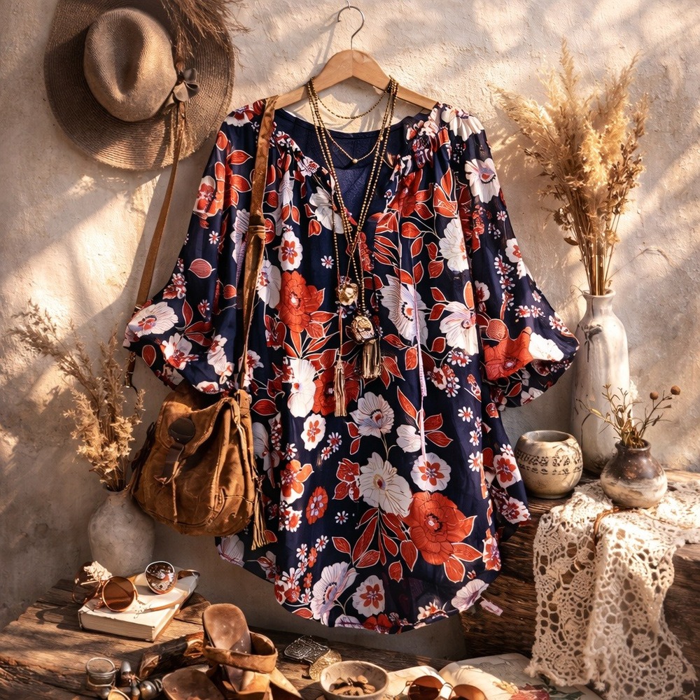 Daniel Rainn 2 pc Floral Sheer Peasant Blouse Camisole Navy Orange Boho Artsy 1X